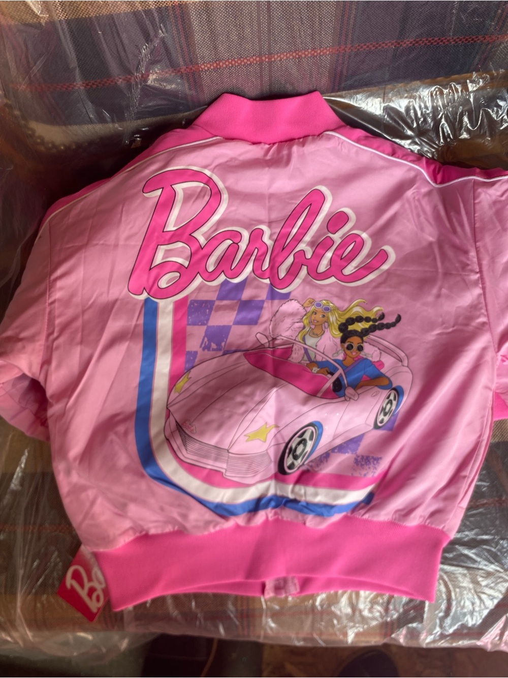 Barbie Pink and Blue Retro Car Graphic Bomber Jacket